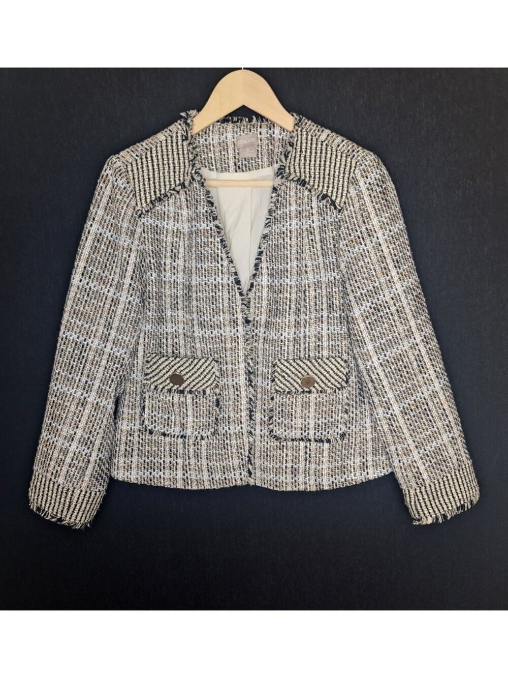 💙 Chicos Tweed Blazer Size 8P/10P Preppy Formal Office Work Chic